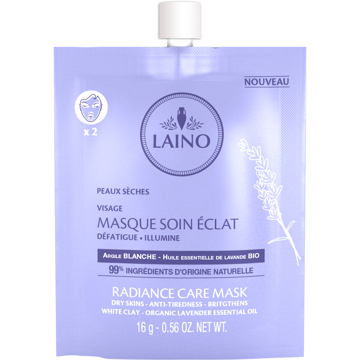 Лэно маска для лица органическая п/усталости и для сияния кожи с белой глиной и эфирным маслом лаванды 16г