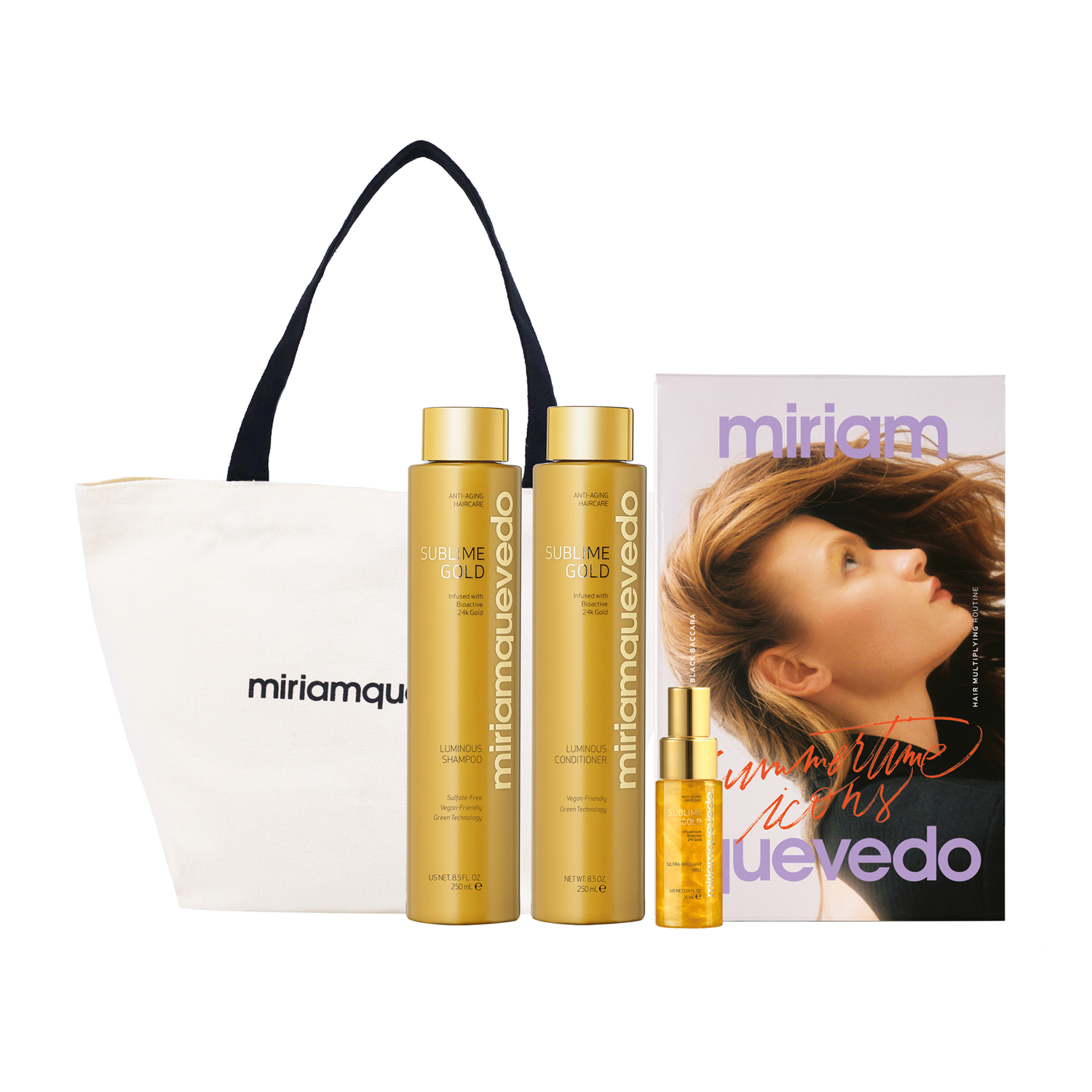 MIRIAMQUEVEDO SUBLIME GOLD HAIR NUTRITION LUMINOSITY DUO Золотой набор-люкс для питания и сияния волос шампунь250млкондиц 250млмист 30млфирм сумочка для косм текстиль 13999₽