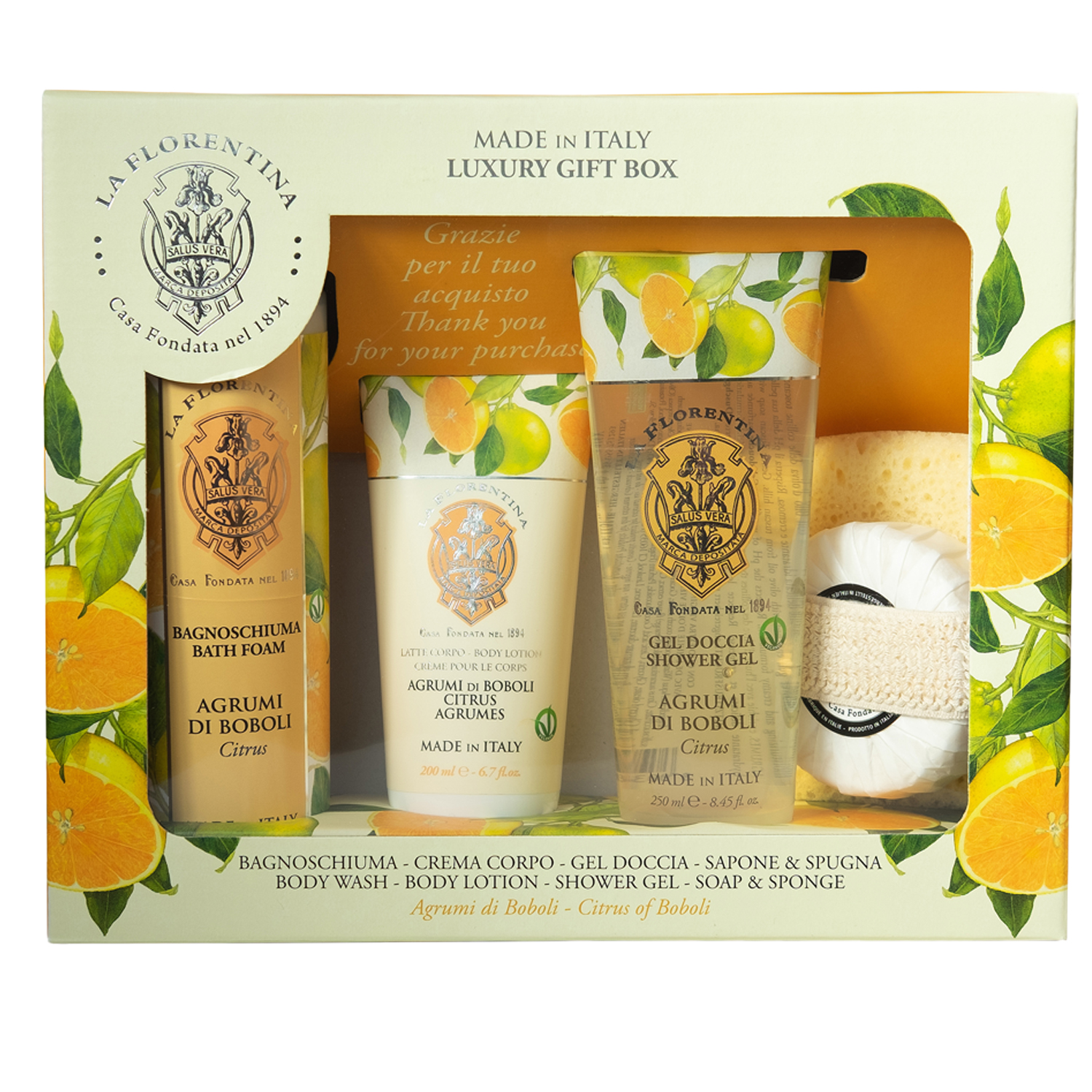 

Ла Флорентина набор пена для ванны 500мл+лосьон для тела 200мл+гель для душа 200мл+мыло 115г+спонж Цитрус