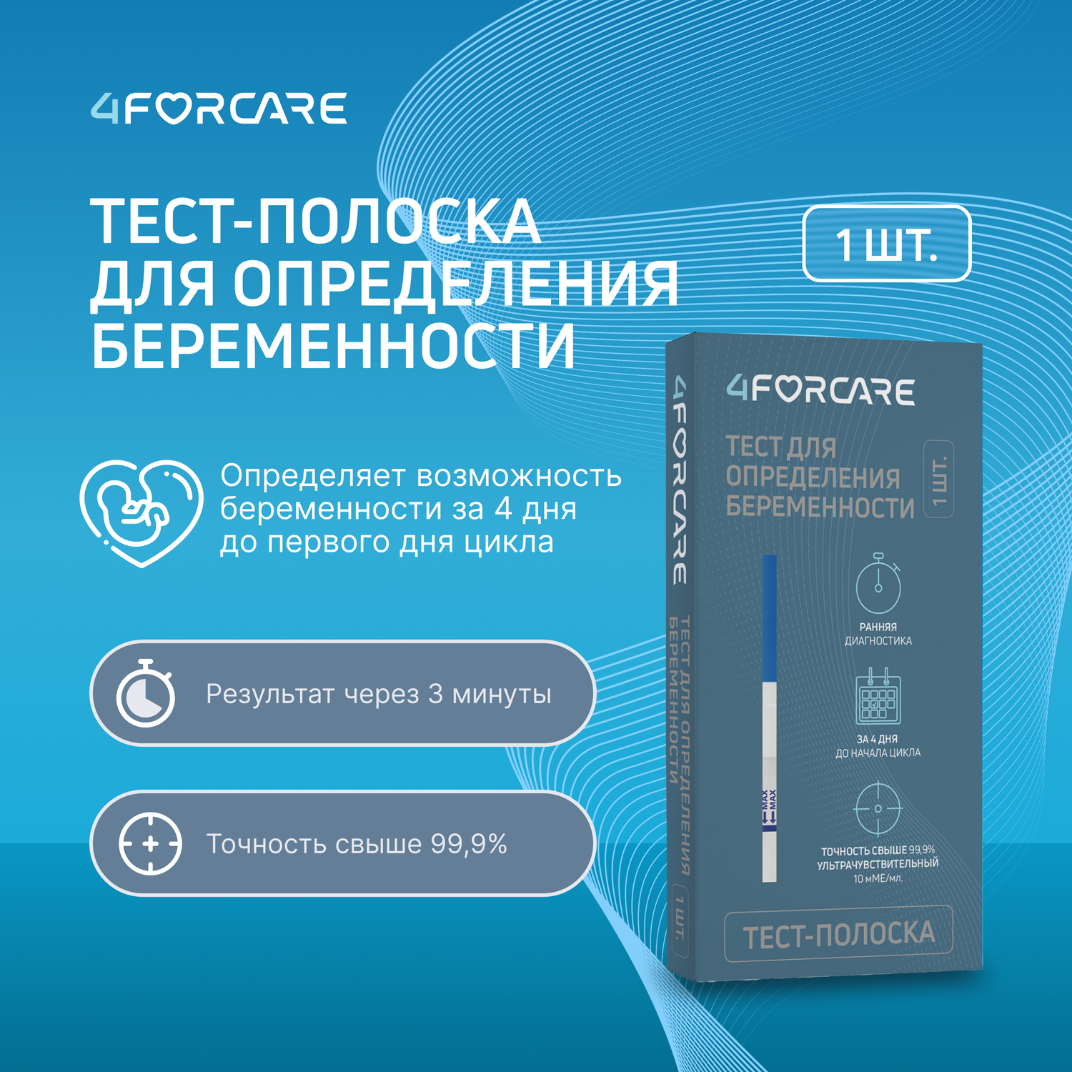 4FORCARE Тест-полоска для определения беременности ультрачувствительный 1 125₽