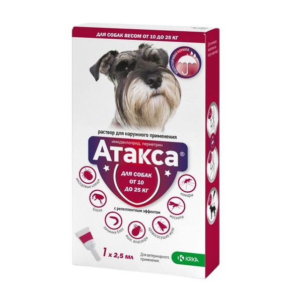 

Атакса раствор для наружного применения для собак от 10 до 25кг пипетка 100мг+500мг 2,5мл