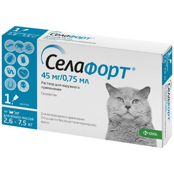 

Селафорт капли на холку для кошек весом от 2,6 до 7,5кг пипетка 45мг 0,75мл