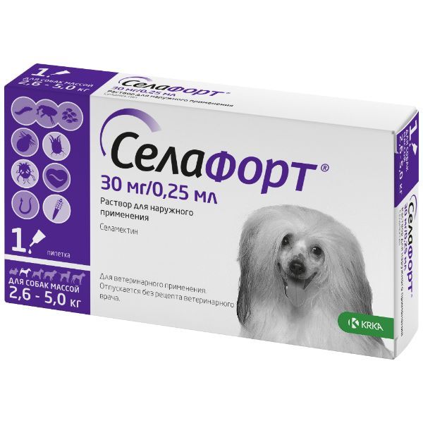 

Селафорт капли на холку для собак весом от 2,6 до 5кг пипетка 30мг 0,25мл