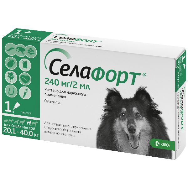 

Селафорт капли на холку для собак весом от 20,1 до 40кг пипетка 240мг 2мл