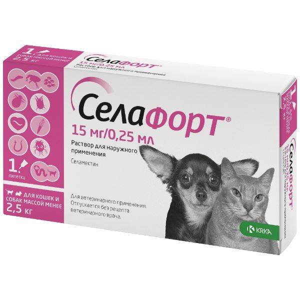 

Селафорт капли на холку для собак и кошек весом до 2,5кг пипетка 15мг 0,25мл