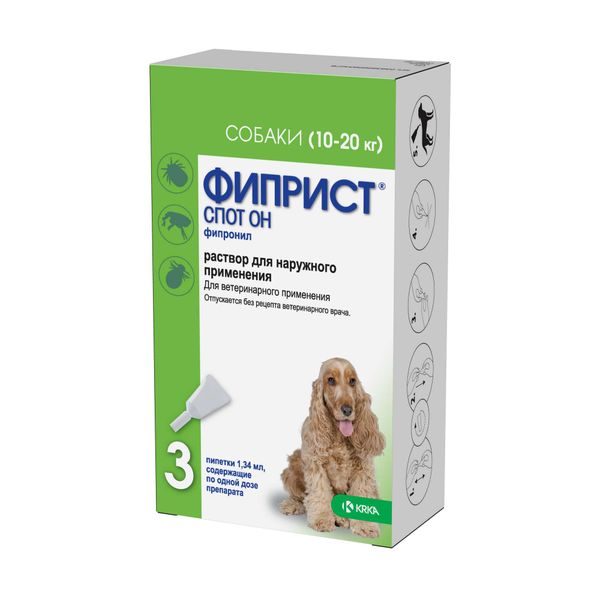 Фиприст Спот-он раствор для наружного применения для собак от 10 до 20кг пипетка 100мг мл 1,34мл 3шт