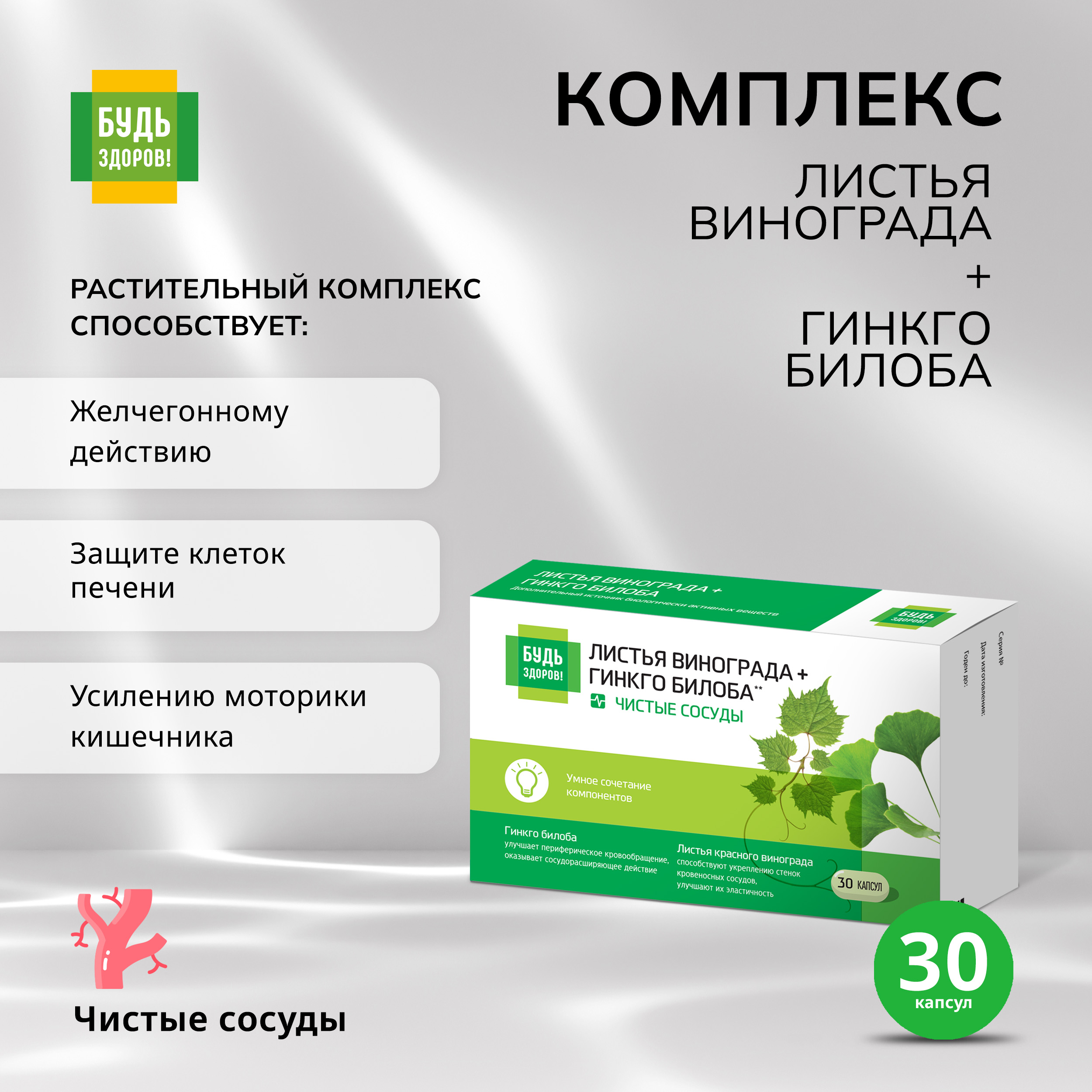 

Будь Здоров Комплекс экстрактов красного винограда гинкго билоба капс. №30