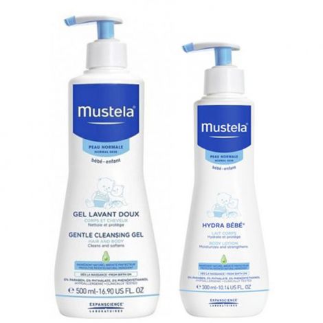 Мустела набор Купание+Увлажнение мягкий гель для купания 500мл+молочко для тела Гидра Беби 300мл