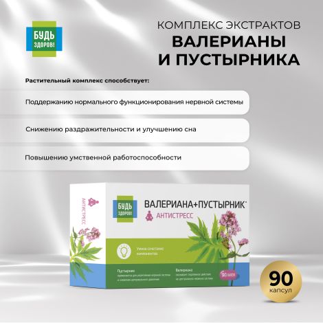 Будь Здоров! Комплекс экстрактов валерианы/пустырника капс. №90