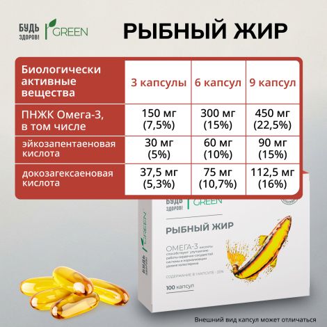 Будь Здоров! Грин рыбный жир 330мг капсулы № 100 №6
