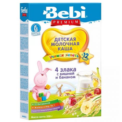 Беби каша 4 злака/вишня/банан от 12мес. 200г