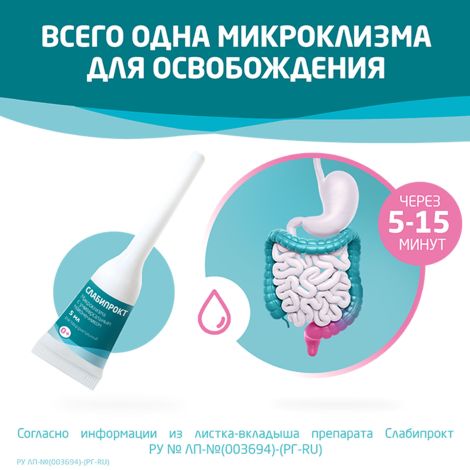 Слабипрокт микроклизма раствор ректальный 9мг / мл+90мг / мл+625мг / мл № 4 №6