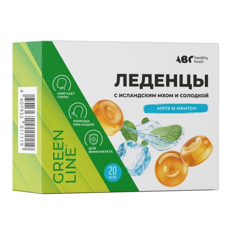 АВС хэлси фуд леденцы с исландским мхом и солодкой со вкусом мяты и ментола №20