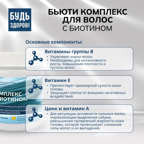 Будь Здоров! Бьюти комплекс для волос с биотином мармеладные пастилки со вкусом тропических фруктов №60 №7