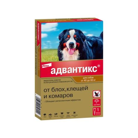 Адвантикс раствор для наружного применения от блох, клещей и комаров для собак весом от 40 до 60кг пипетка 6,0мл №1