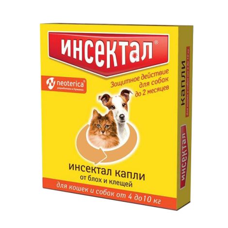 Инсектал капли для кошек и собак весом от 4 до 10кг тюбик-пипетка 99мг/19,8мг 0,8мл 6шт
