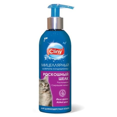 Cliny Роскошный шелк Шампунь-кондиционер для длинношерстных кошек флакон 200мл