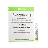 Инсулин Биосулин Н суспензия подкожного введения 100МЕ/мл картридж 3мл №5