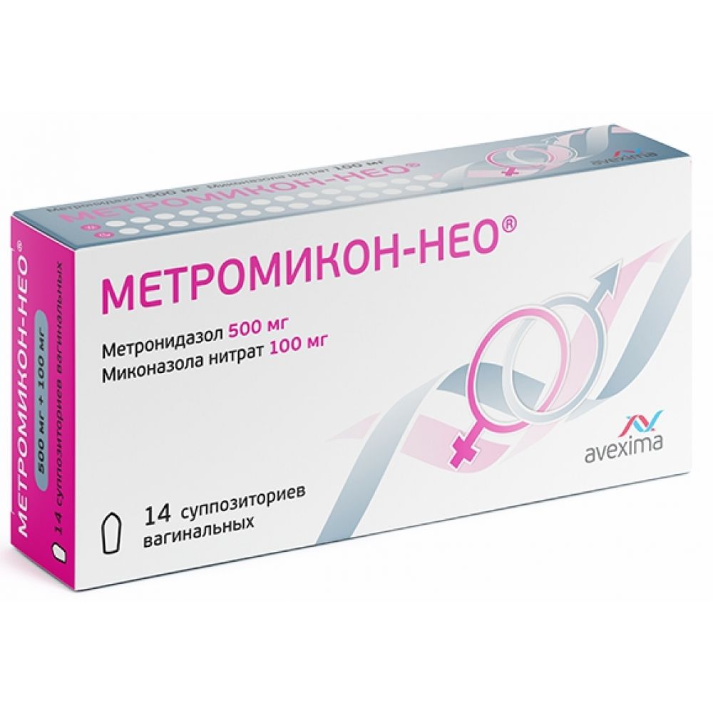 Метромикон-нео супп.ваг. 500мг+100мг №14 – купить в аптеке по цене 755,00  руб в Москве. Метромикон-нео супп.ваг. 500мг+100мг №14: инструкция по  применению, отзывы, код товара: 92003